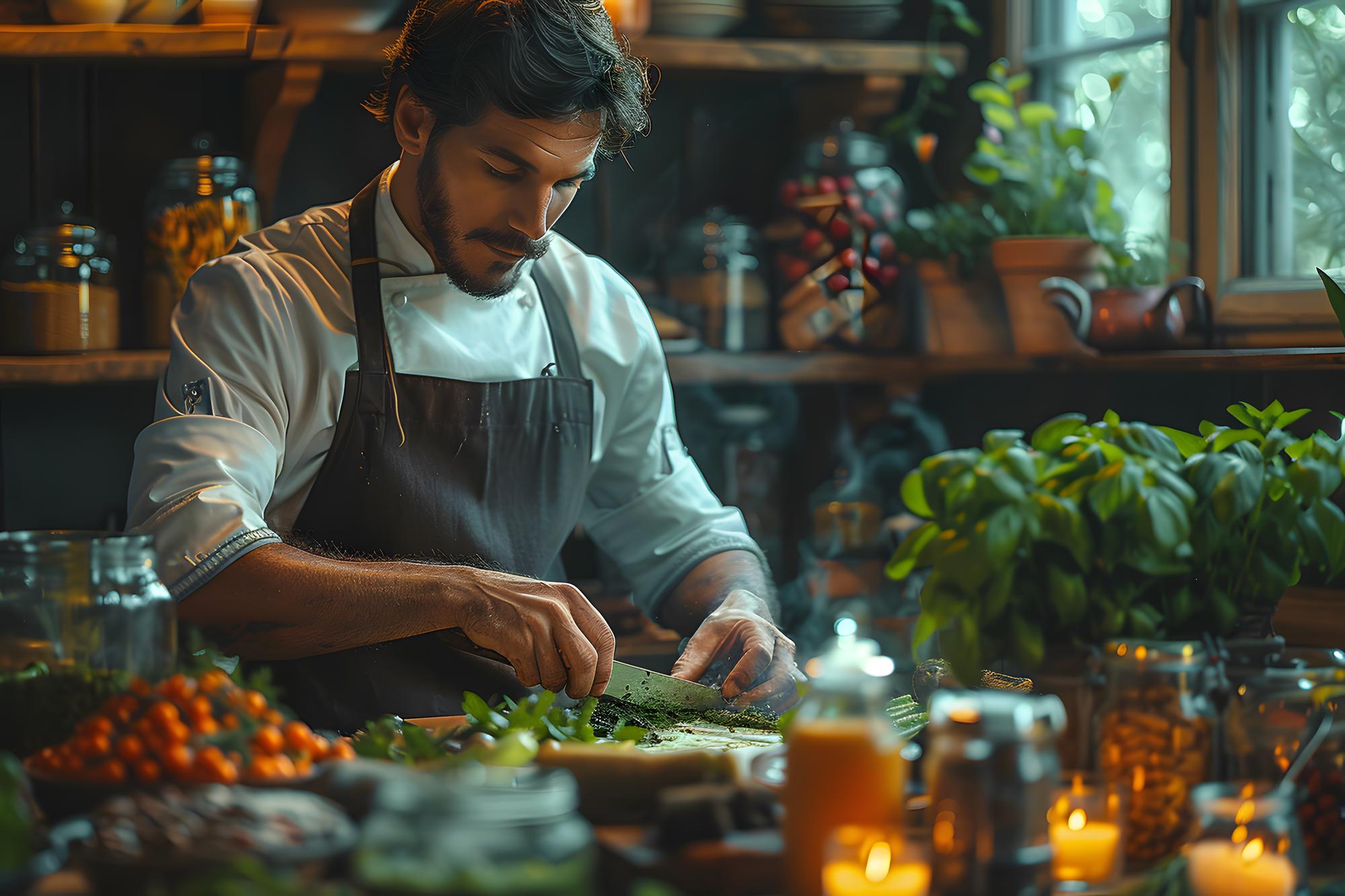 Founder preparing local ingredients in studio kitchen